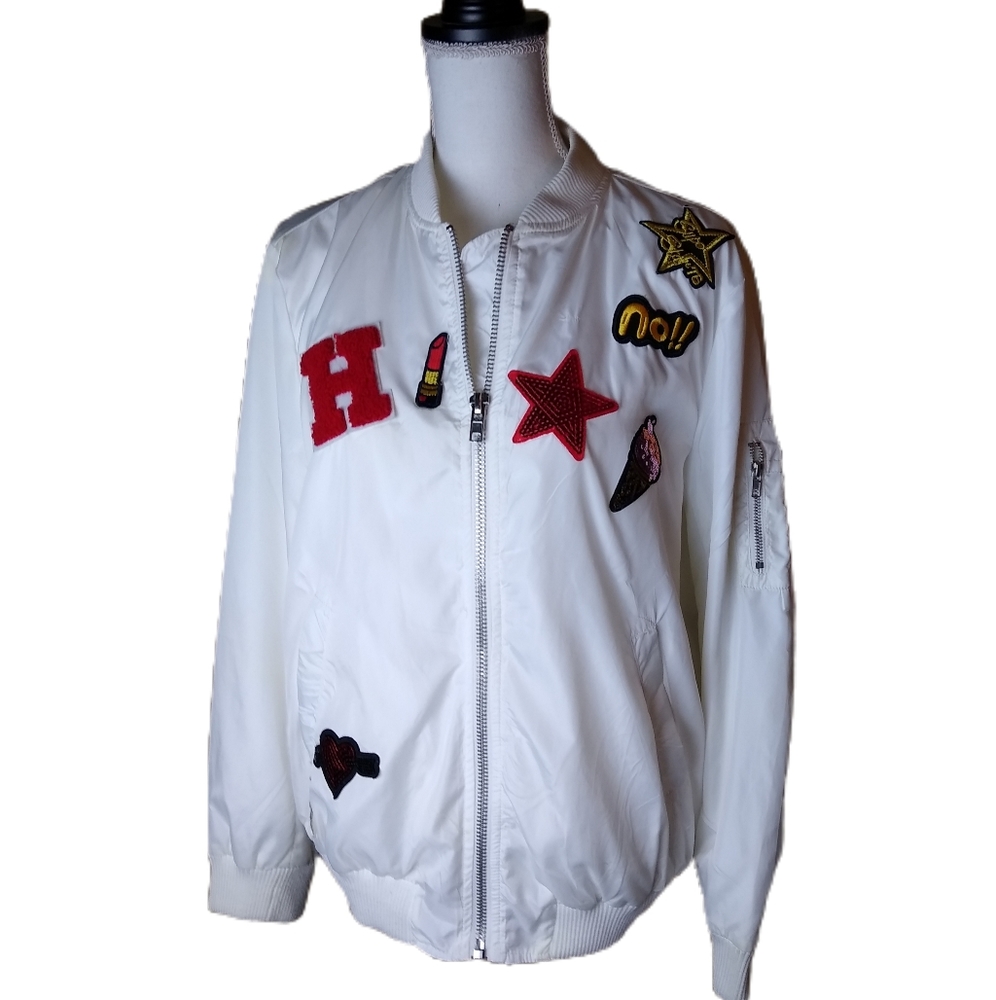 Hot & Delicious Satin Jacket Patches Streetwear Sequins Full Zip Size M EUC